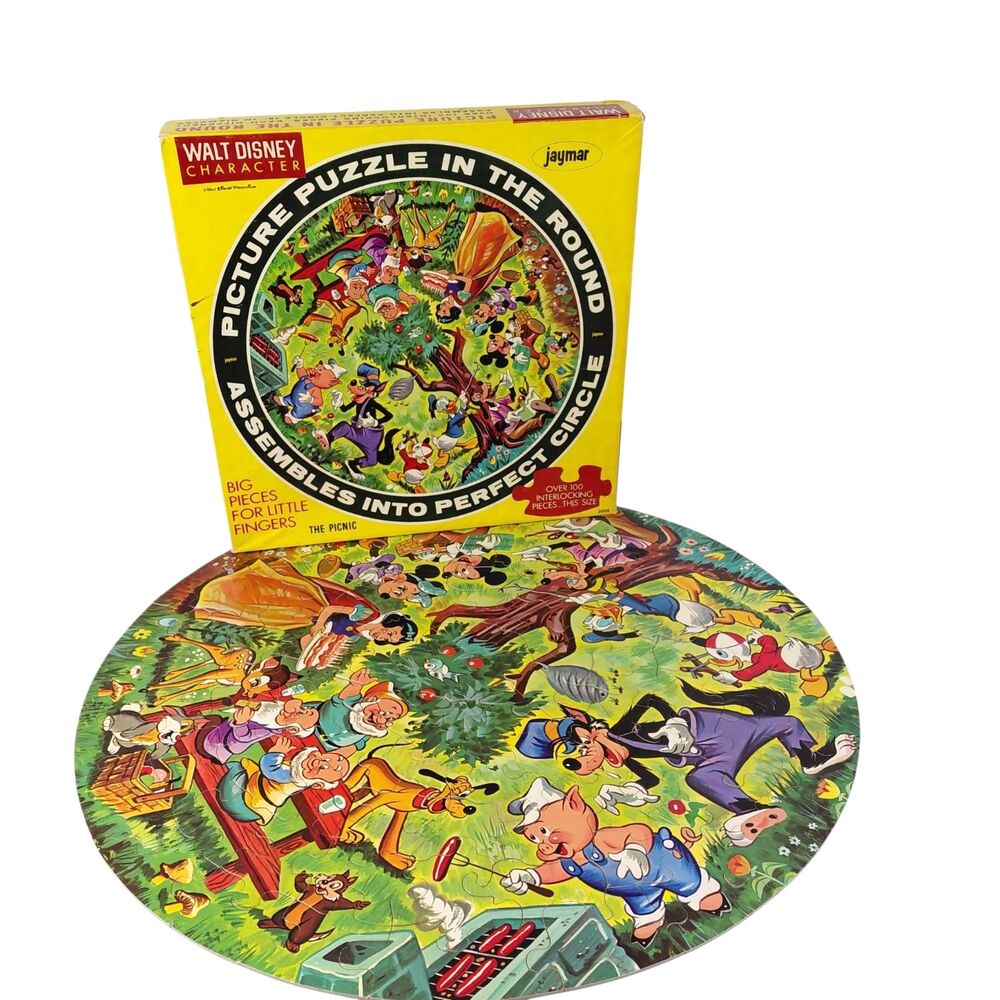 Jaymar Walt Disney Vtg Picnic 100 pc Round Puzzle Complete Unique Shapes Fab 5